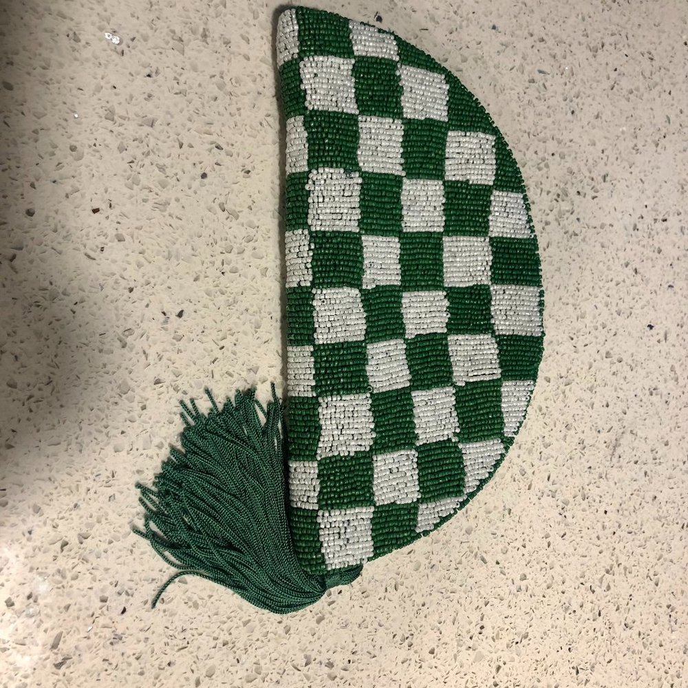 Anthropologie Green and White Beaded Checkered Clutch with Tassel